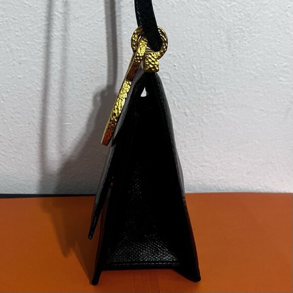 Clara Studio for Asymmetry Vtg Black Lizard Embossed Leather Bag 24K Gold Handle - Picture 4 of 16